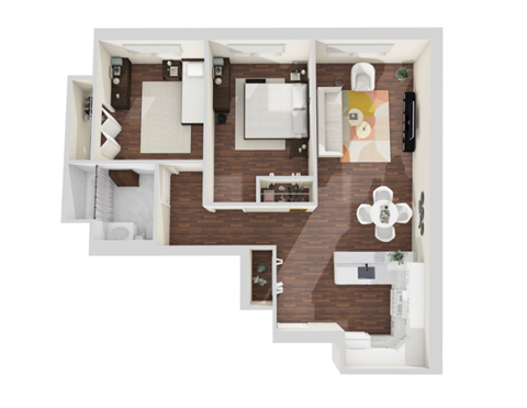 Floor plan for 2 beds, 1 bath, 749 sqft